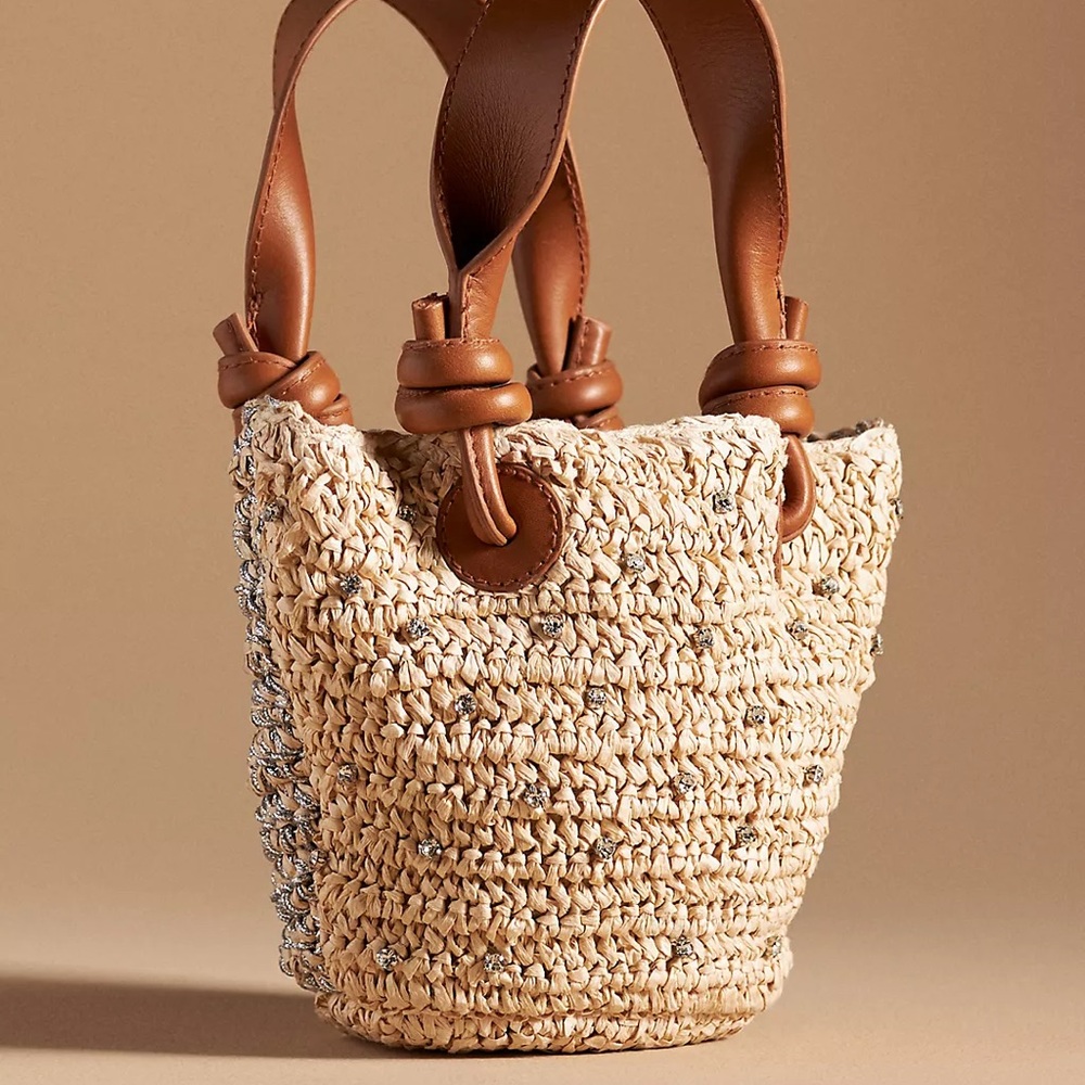 Anthropologie Maeve Rhinestone Raffia Mini Bag Day to Night Woven Beach Resort - Picture 2 of 10